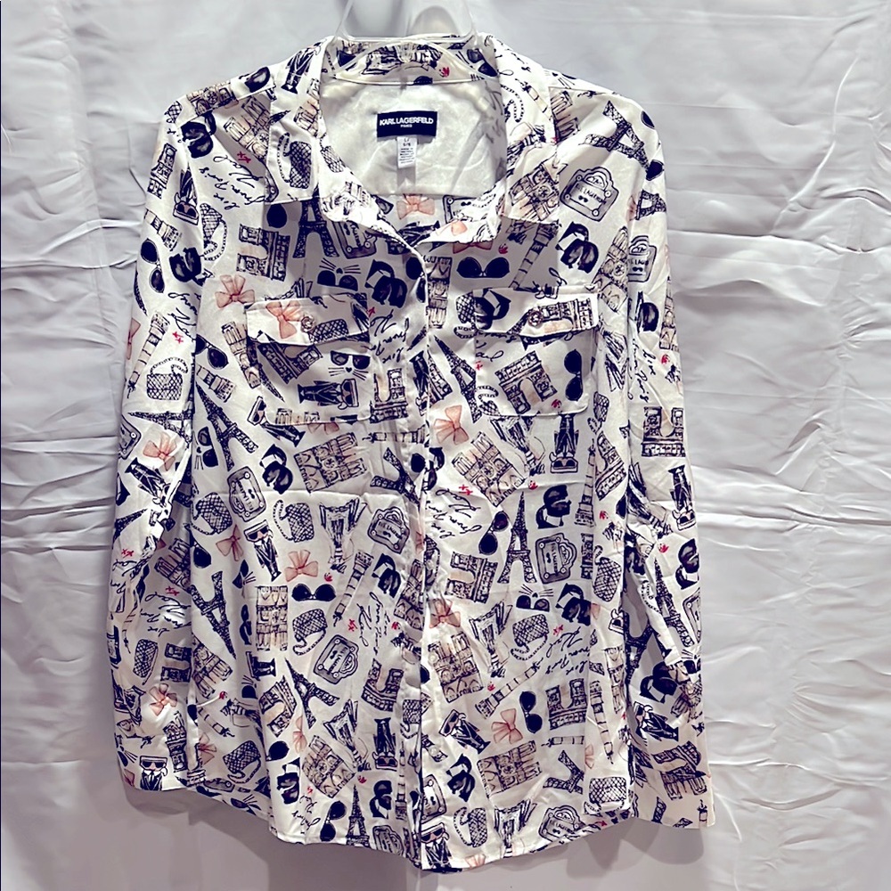 Karl Lagerfeld Paris White Graphic Print Shirt size L